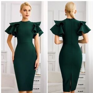 Toni Green Midi Bandage Dress Ruffles Short Sleeve Evening Party Dress